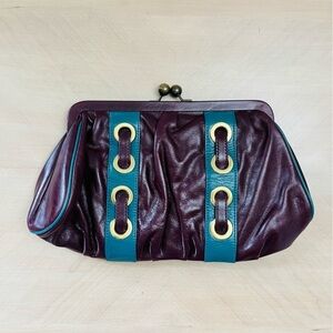 Kate Landry leather clutch teal burgundy brass large